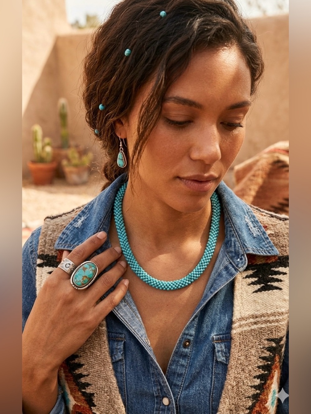 Jay King Southwest Sterling Silver Woven Natural Turquoise Beaded Necklace